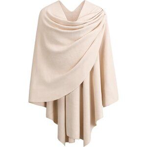 Women's Beige Cross Front Poncho Sweater Wrap Knitted Elegant Shawls Cape